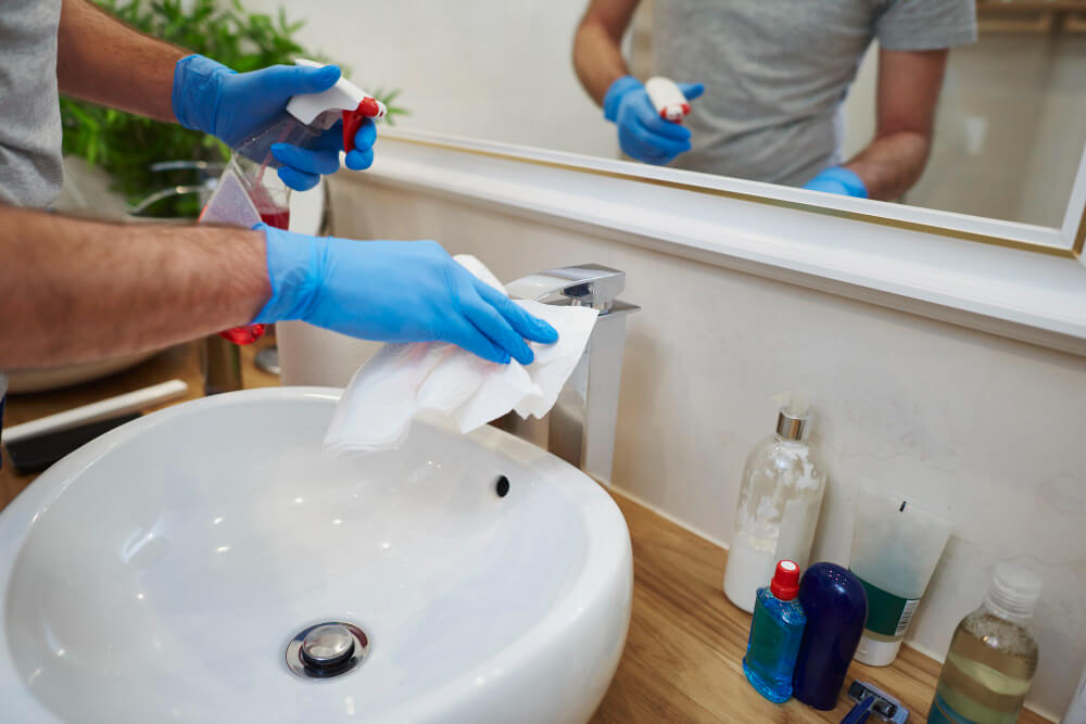 image of hand cleaning bathroom sink