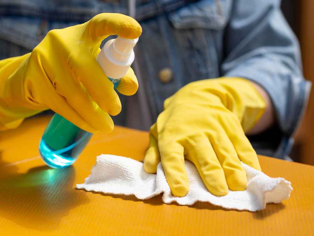 High angle of person with surgical gloves cleaning surface with alcohol and napkin