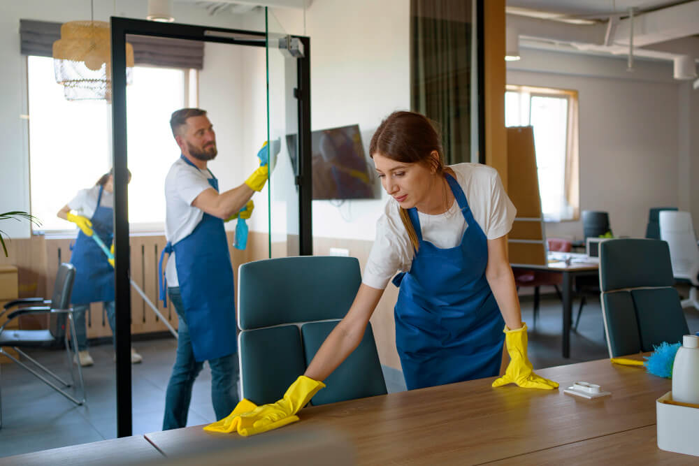 a group of 3 cleaners wiping down an office space, including entrances and tables.