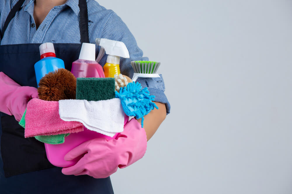 image of a person holding cleaning materials and implements