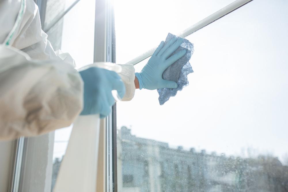 hand with blue gloves being worn by a cleaning staff who is wiping down windows