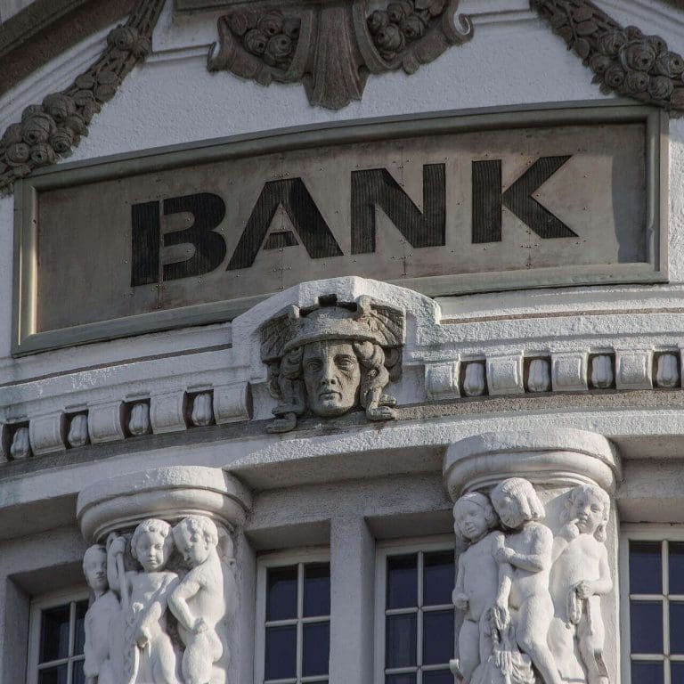 exterior of a bank with the text "bank" on it