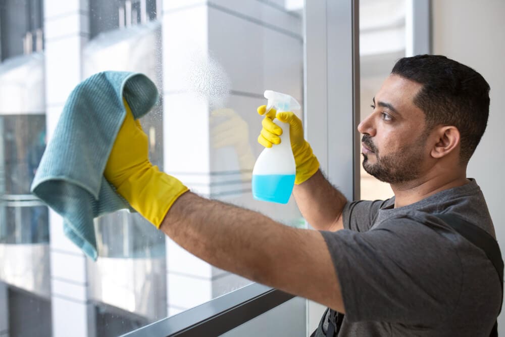 Medium shot man cleaning office window