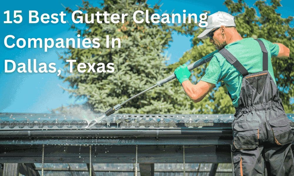 man cleaning gutter with the text "10 best gutter cleaning companies in dallas, texas" in the upper left corner