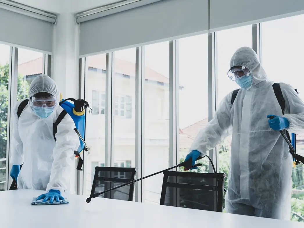 Disinfecting-Cleaning-Services Professionals disinfecting conference room in office building