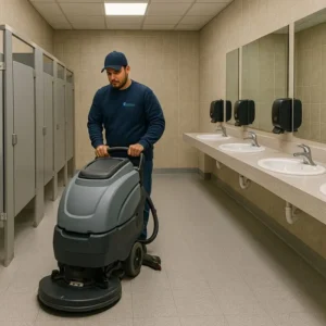 Cleaning tile floors in the restroom of Fort Worth office space