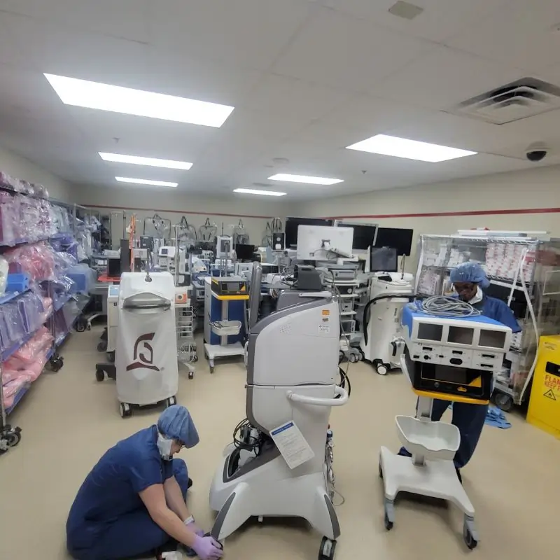 Cleaning wheels on medical equipment in Dallas Hospital