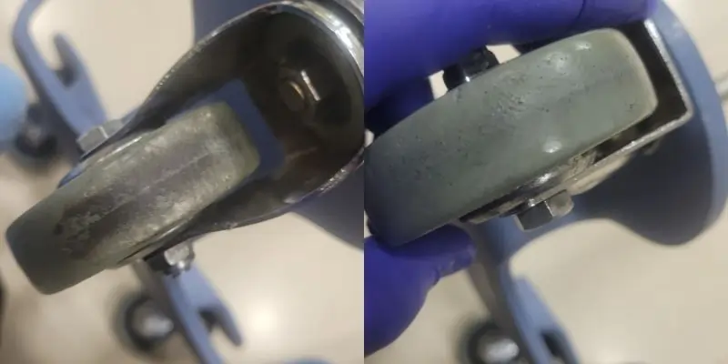 Cleaning rubber wheels on metal IVR poles