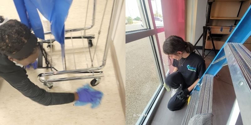 Cleaning trash bins and window cleaning during office deep cleaning in Arlington TX